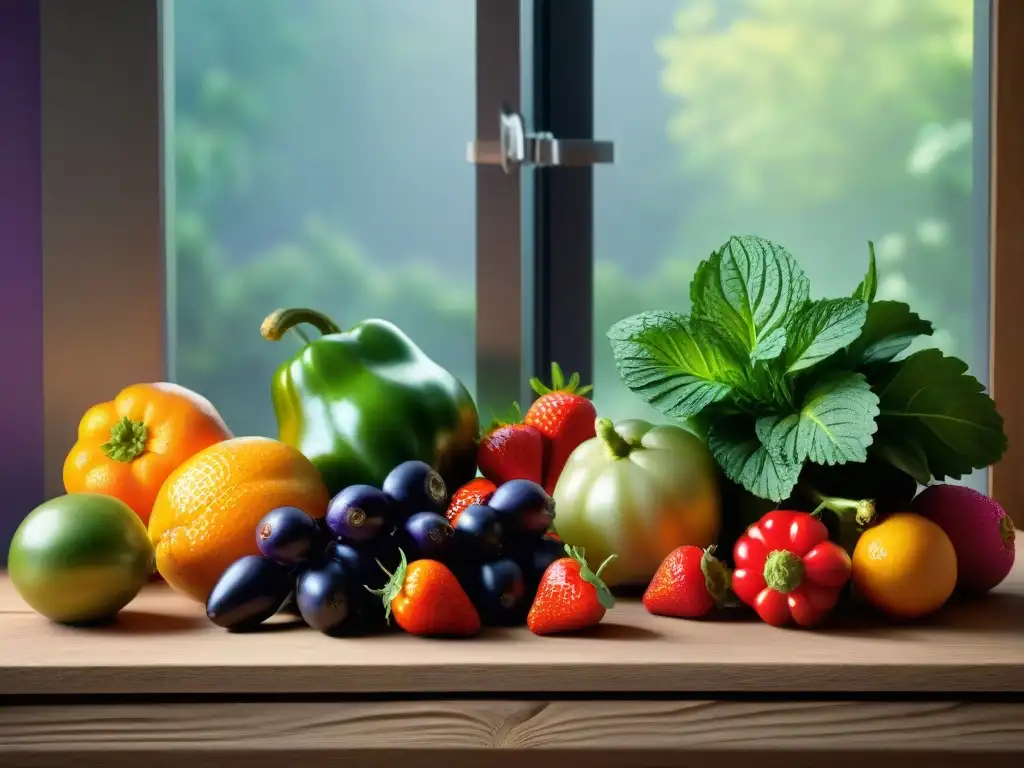 Una exuberante y colorida variedad de frutas y verduras frescas sobre una mesa de madera rústica