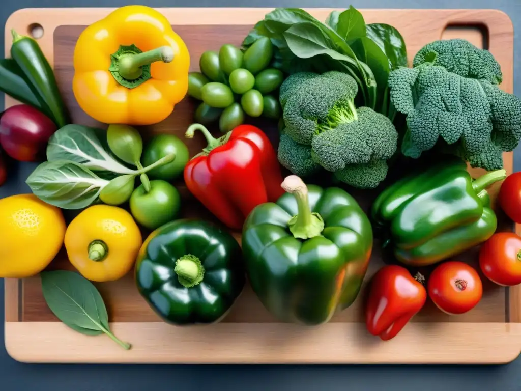 Una exuberante y colorida variedad de frutas y verduras frescas sobre tabla de madera, clave en dieta FODMAP baja gluten piel