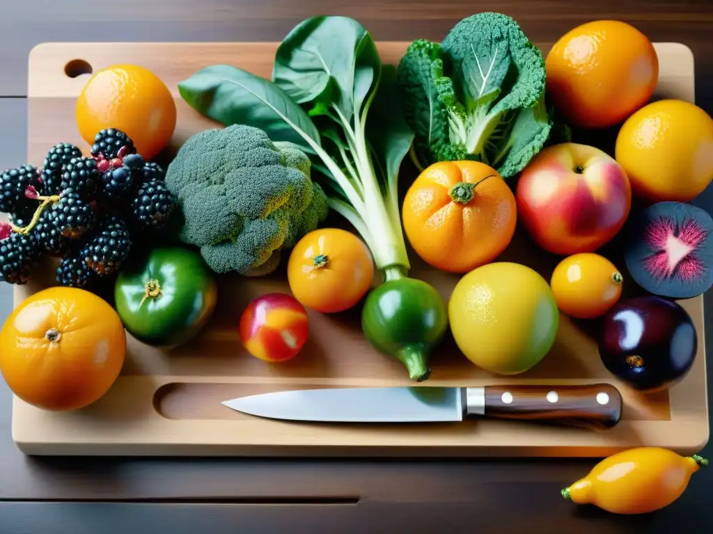 Una exuberante composición de frutas y verduras coloridas en una tabla de cortar de madera