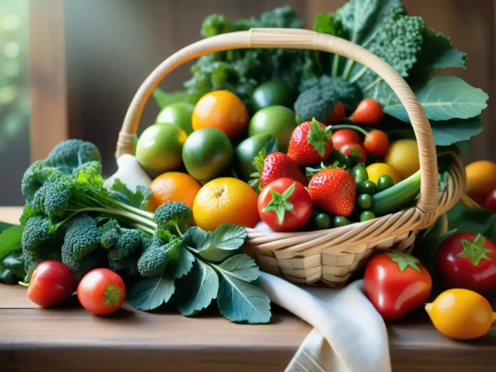 Una exuberante composición de frutas y verduras naturales en una cesta de mimbre, evocando salud y abundancia