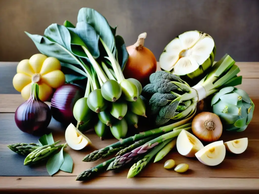 Una exuberante composición de frutas y verduras coloridas sobre una mesa de madera rústica, evocando salud y vitalidad