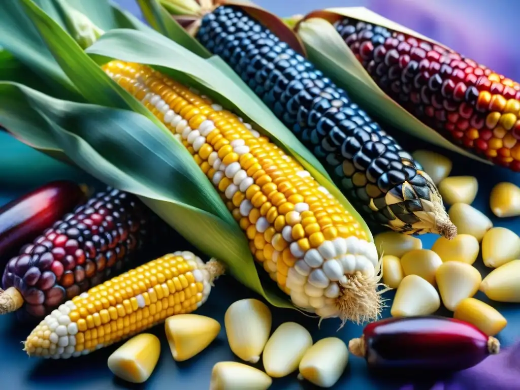 Una exuberante cornucopia de maíz morado, azul, rojo, amarillo y blanco