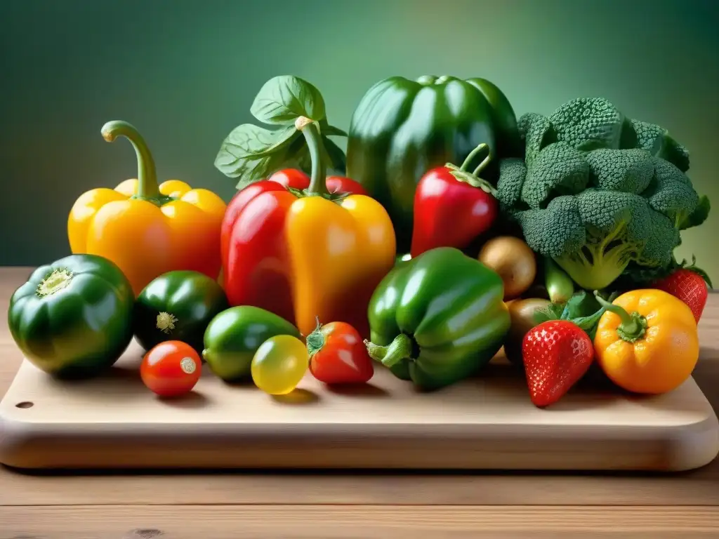 Una exuberante y detallada imagen de frutas y verduras frescas en tabla de madera rústica