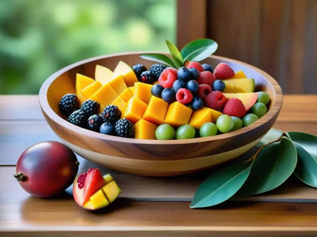 Una exuberante fuente de frutas frescas y jugosas, con bayas maduras, mango y papaya, sobre una mesa de madera rústica