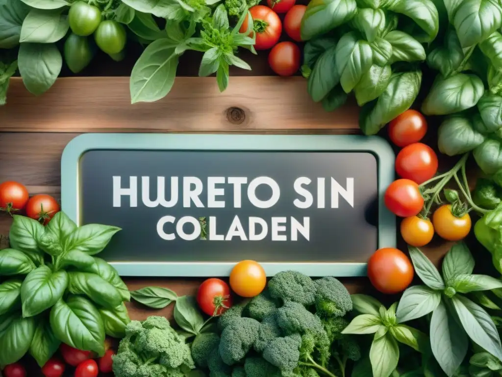 Un exuberante huerto sin gluten para cocinar: tomates, hierbas y señal de madera rústica