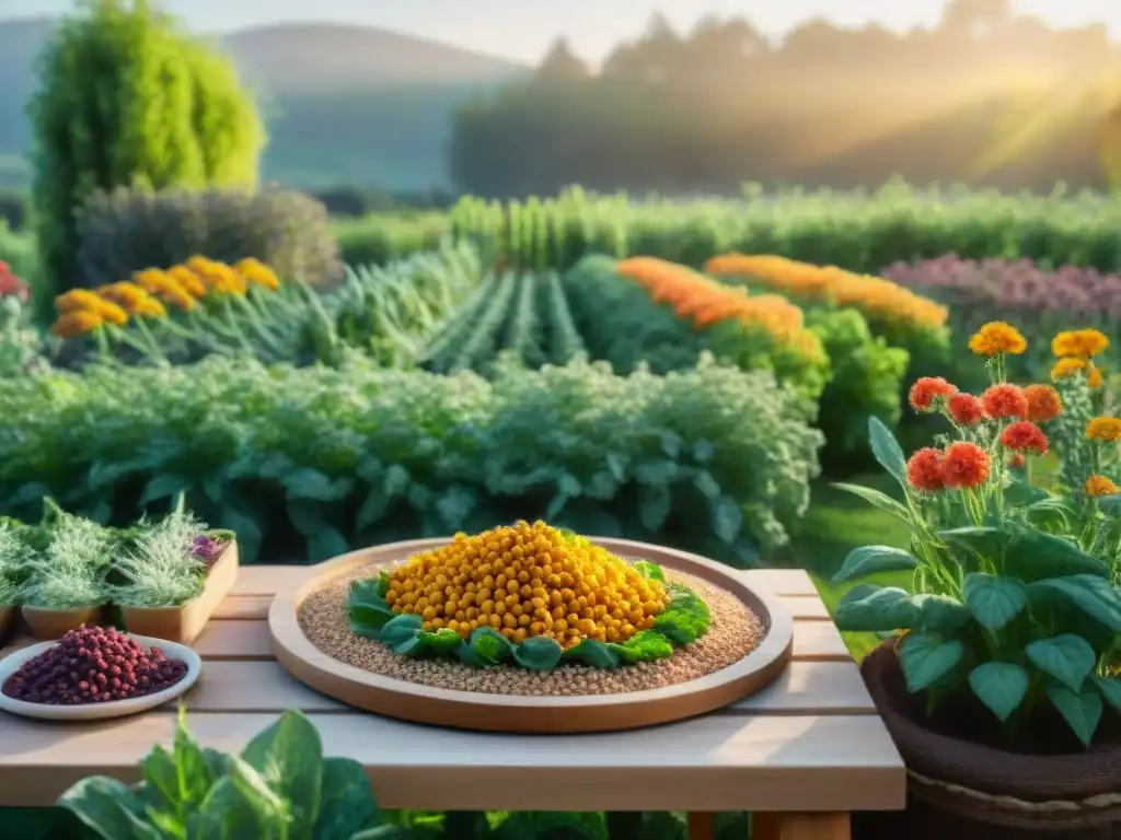 Un jardín exuberante lleno de plantas vibrantes como quinoa, lentejas y garbanzos bajo el sol dorado