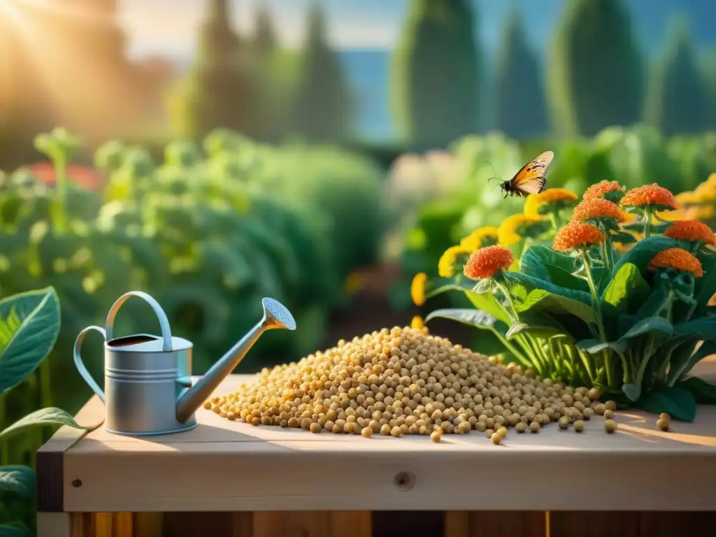 Un jardín exuberante con proteínas sin gluten caseras: quinoa, soja, garbanzos y lentejas crecen bajo el sol, junto a abejas y mariposas