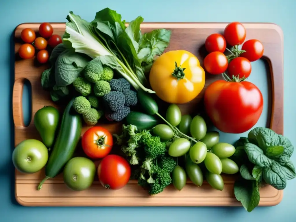 Una exuberante selección de frutas y verduras frescas en una tabla de cortar de madera, bajo una suave luz natural