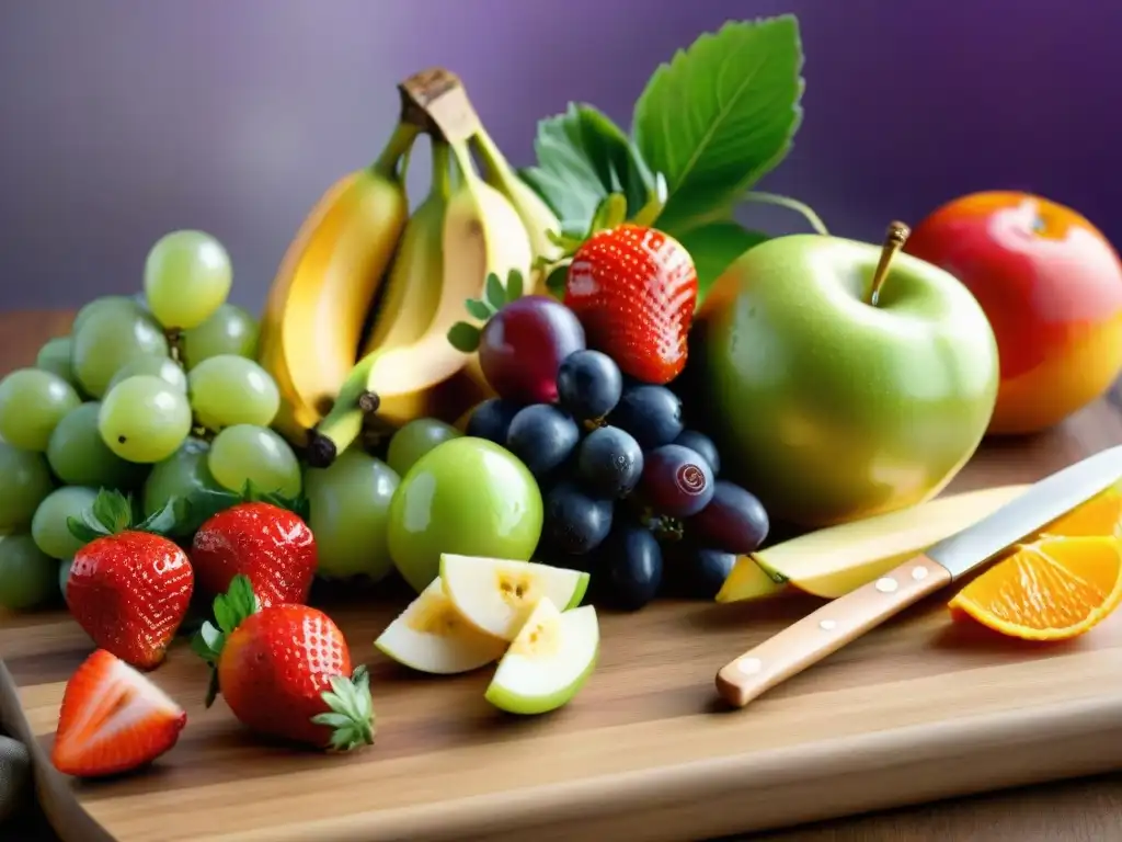 Una exuberante variedad de frutas y verduras frescas sobre tabla de madera, resaltando los beneficios de la dieta vegana sin gluten