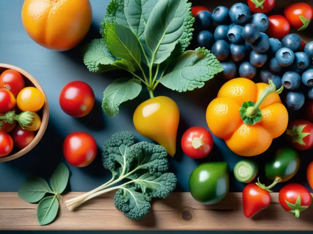 Una exuberante variedad de frutas y verduras frescas y coloridas sobre una mesa rústica