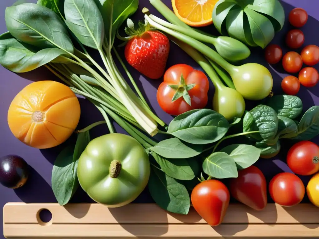 Una exuberante variedad de frutas y verduras frescas en una tabla de cortar de madera en una cocina soleada