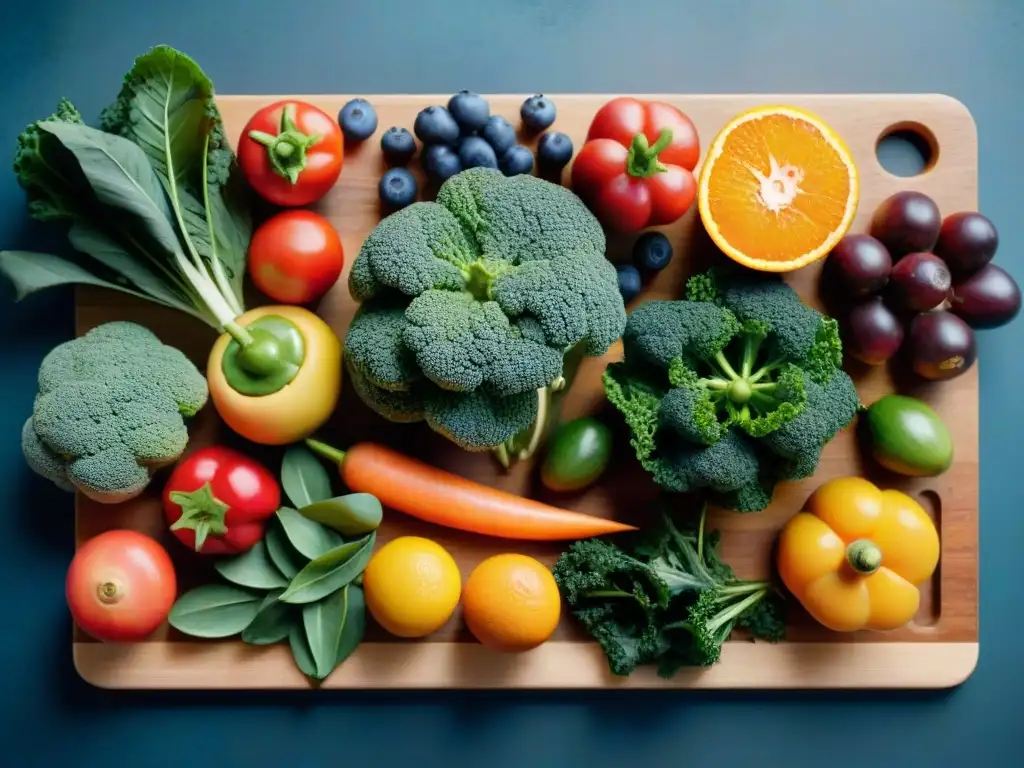 Una exuberante variedad de frutas y verduras frescas en una tabla de cortar de madera