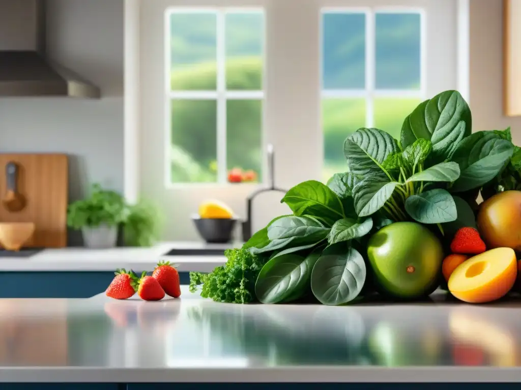 Una exuberante variedad de frutas y verduras frescas en una cocina moderna