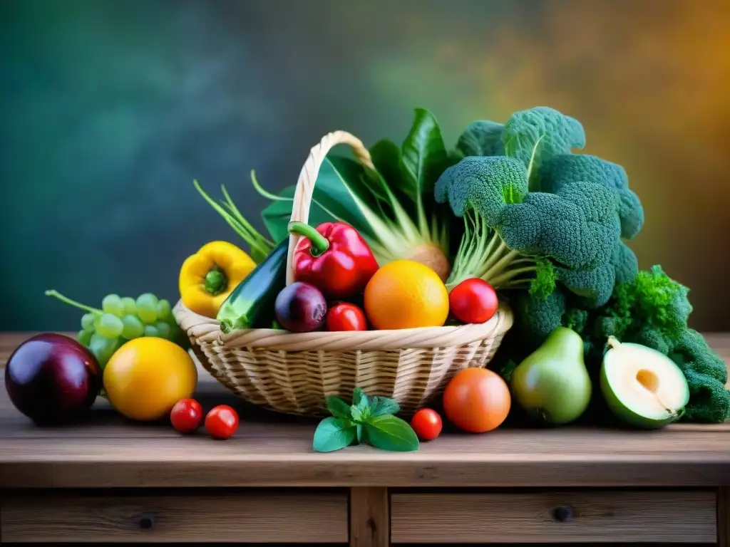 Una exuberante variedad de frutas y verduras frescas se desborda de una cesta de mimbre sobre una mesa de madera rústica, evocando salud y vitalidad