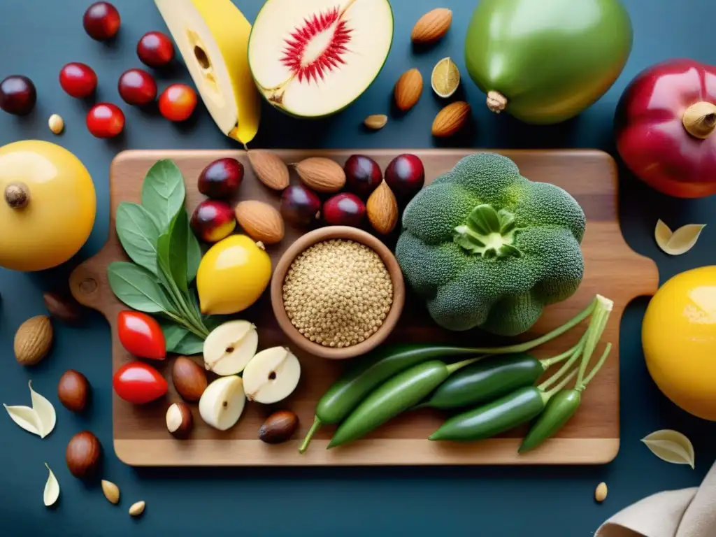 Una exuberante variedad de frutas, verduras, granos y frutos secos en una tabla de cortar de madera, exudando frescura y abundancia