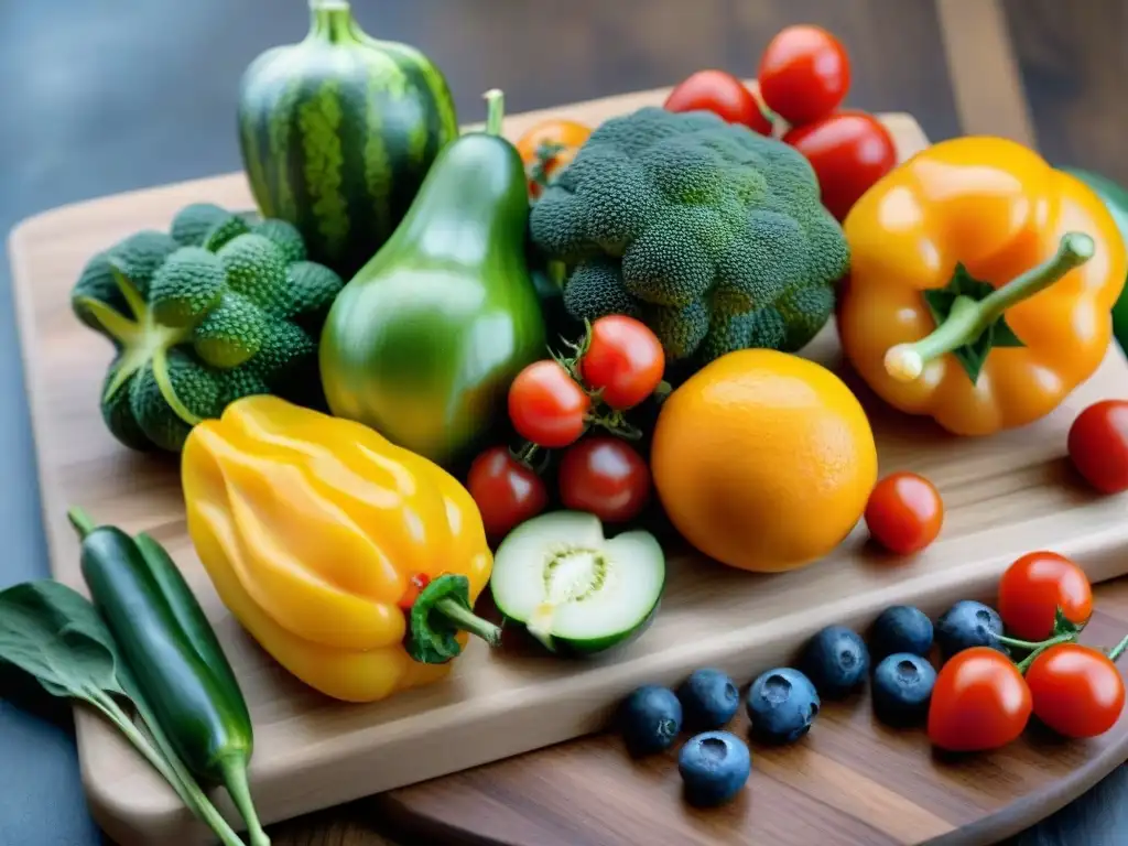 Una exuberante variedad de frutas y verduras frescas, colores vibrantes en tabla de madera