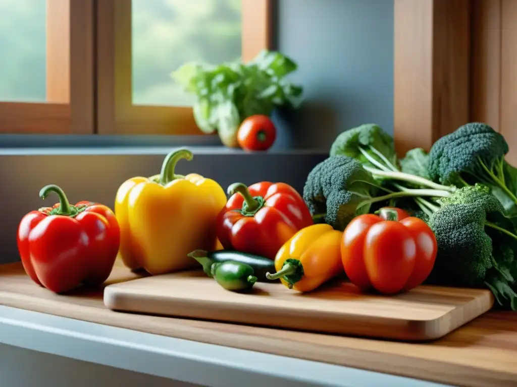 Una exuberante variedad de frutas y verduras frescas brillantes sobre tabla de madera, iluminadas por el sol