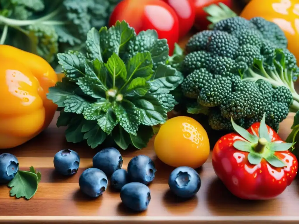 Una exuberante variedad de frutas y verduras vibrantes en tabla de cortar, destacando frescura