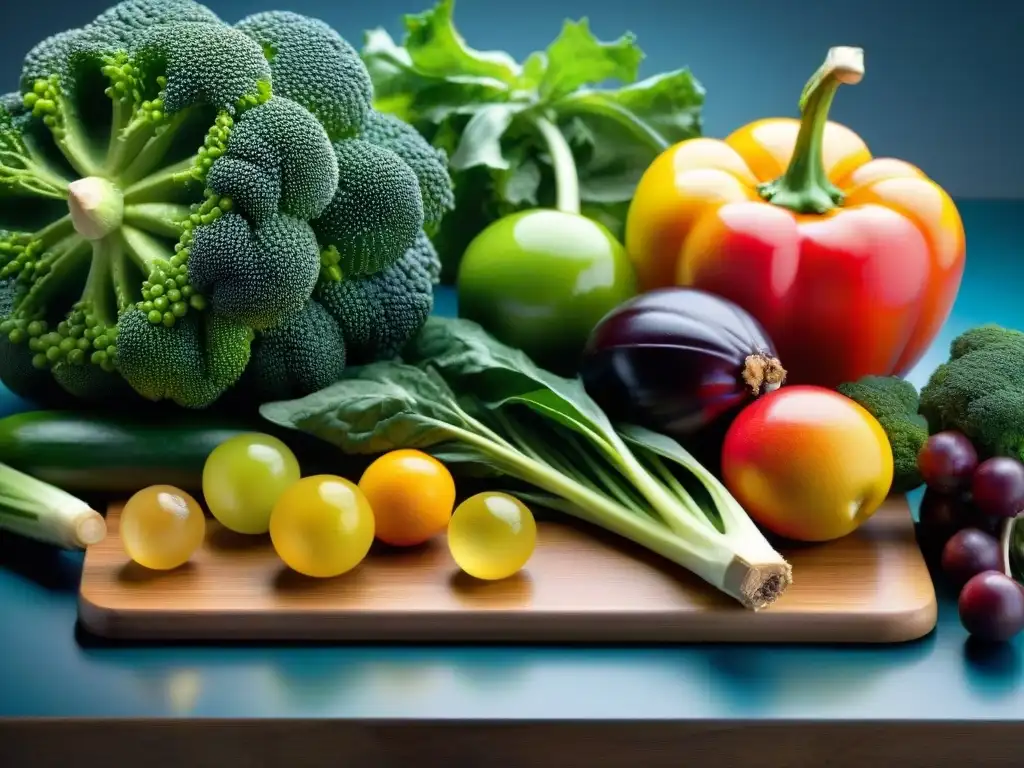 Una exuberante variedad de frutas y verduras coloridas sobre tabla de madera, con gotas de agua brillantes bajo suave iluminación