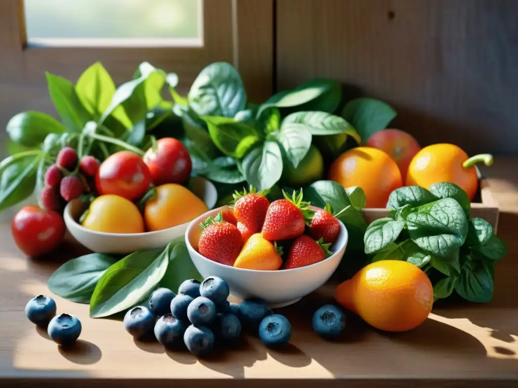 Una exuberante variedad de frutas y verduras frescas sobre una mesa rústica de madera