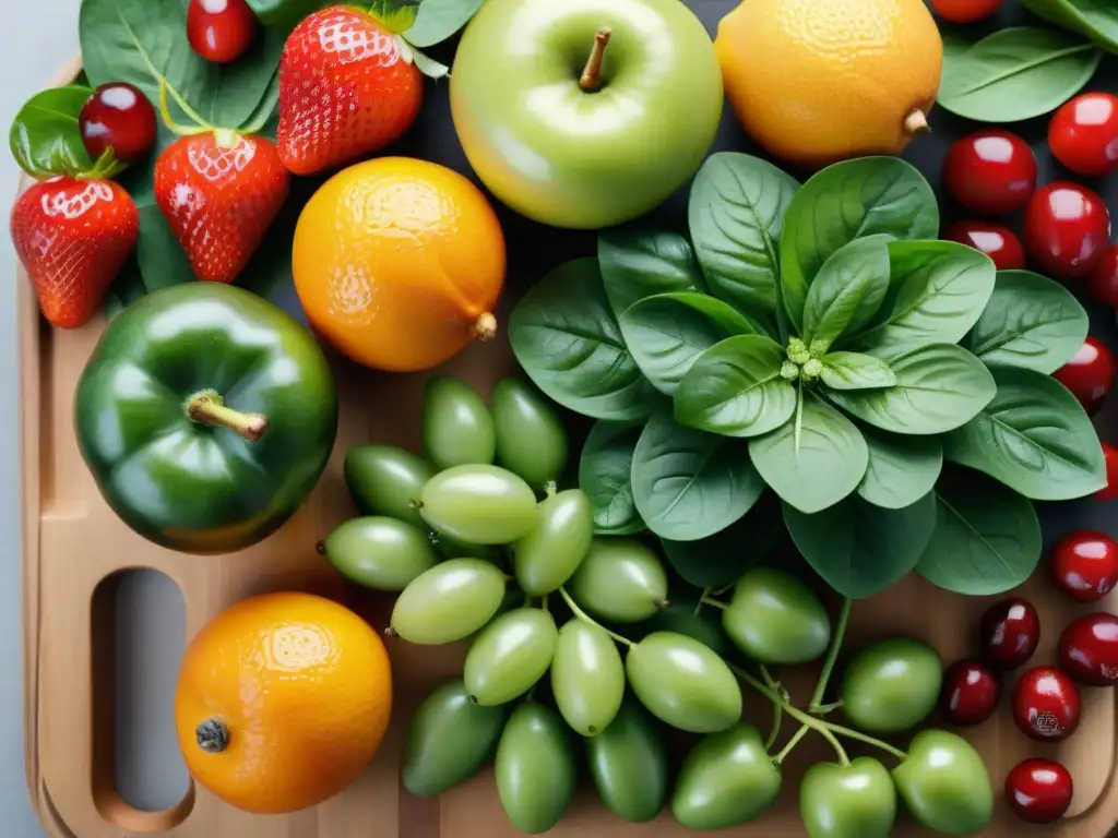 Una exuberante variedad de frutas y verduras frescas en una tabla de cortar de madera