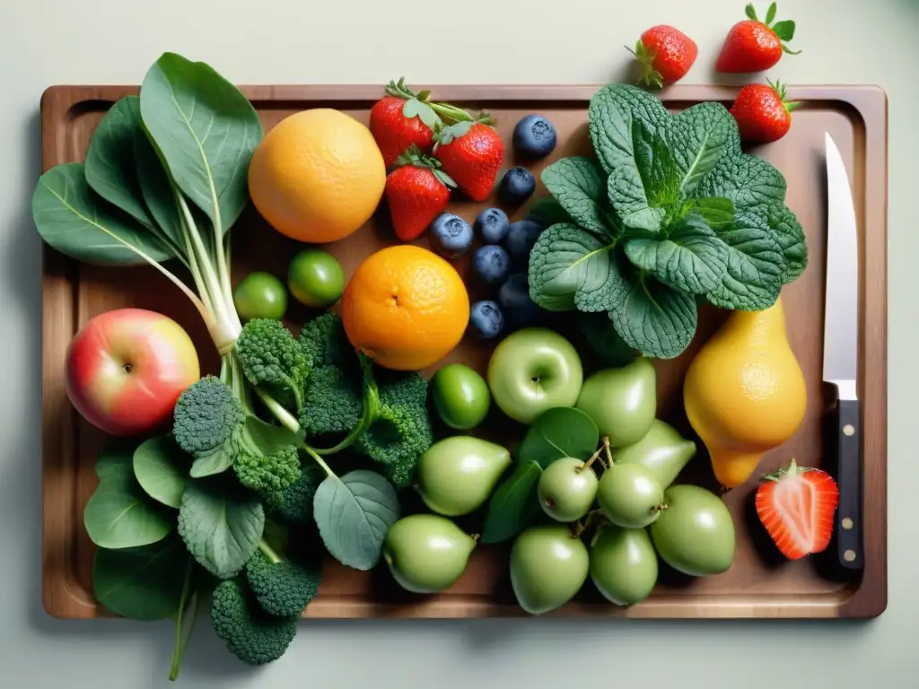 Una exuberante variedad de frutas y verduras coloridas en tabla de madera, detalle y vitalidad en dieta sin gluten beneficios intestinales