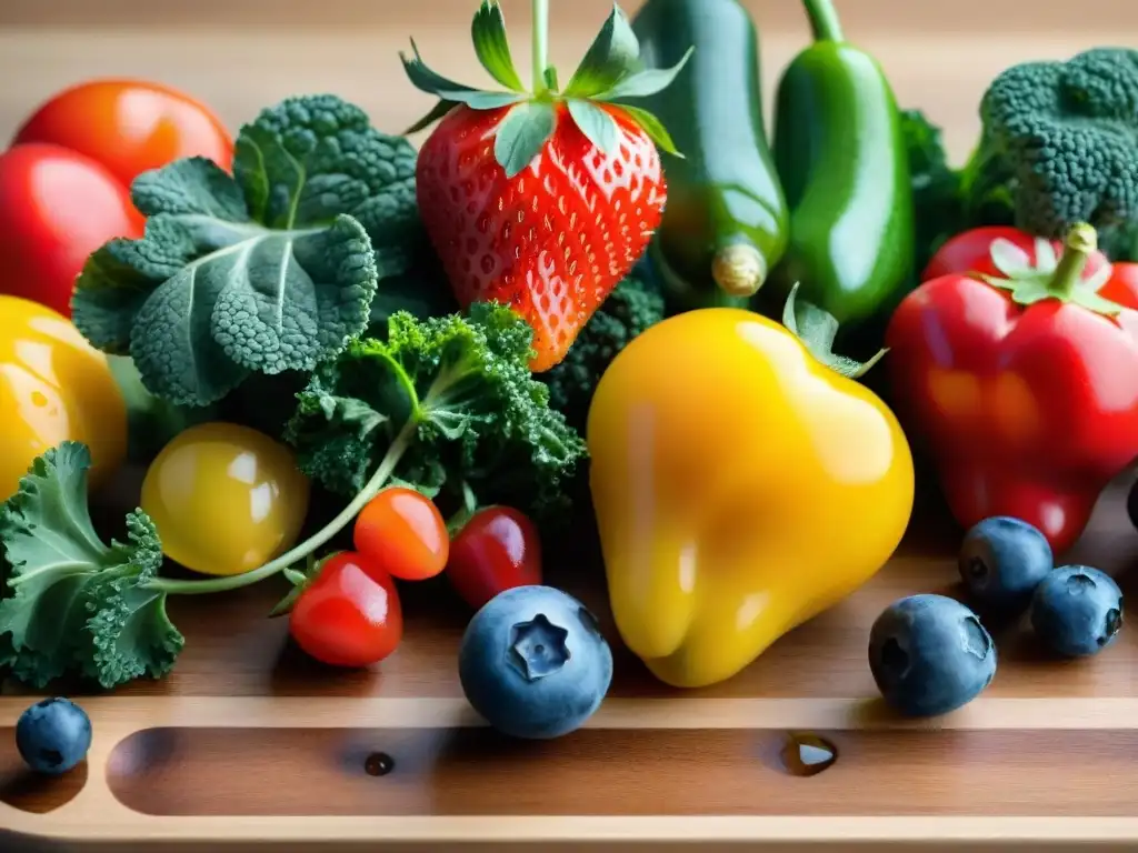 Una exuberante variedad de frutas y verduras frescas en una tabla de cortar de madera, con gotas de agua brillantes