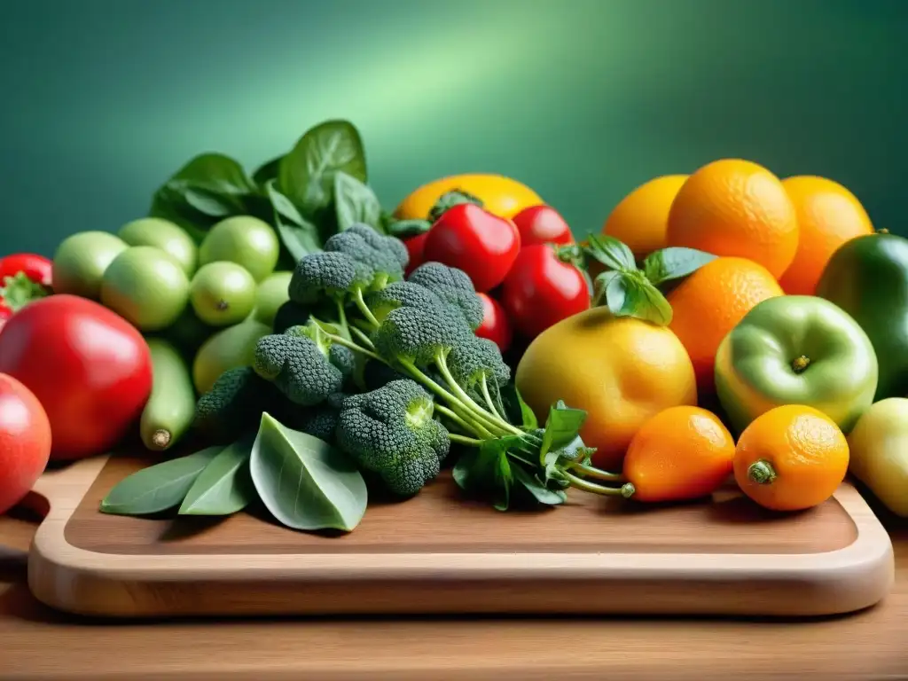 Una exuberante variedad de frutas y verduras frescas sin gluten, organizadas sobre tabla de madera