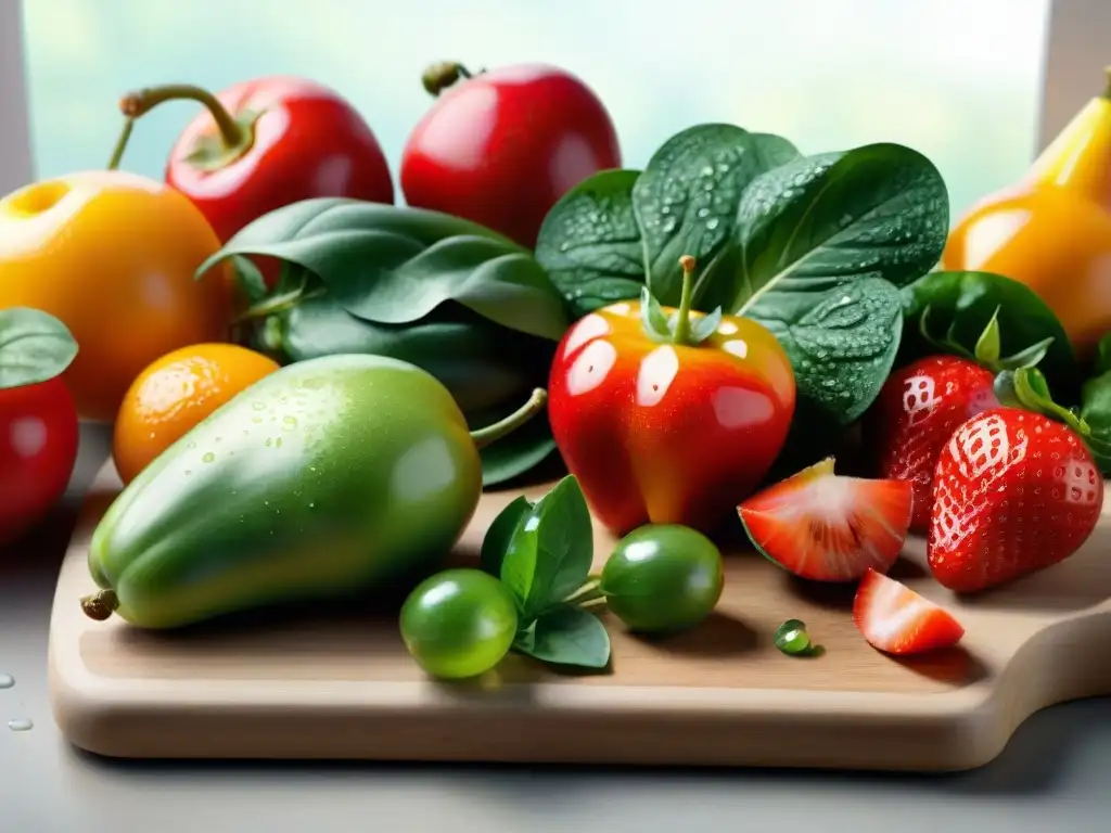 Una exuberante variedad de frutas y verduras coloridas en tabla de cortar de madera, bajo luz natural