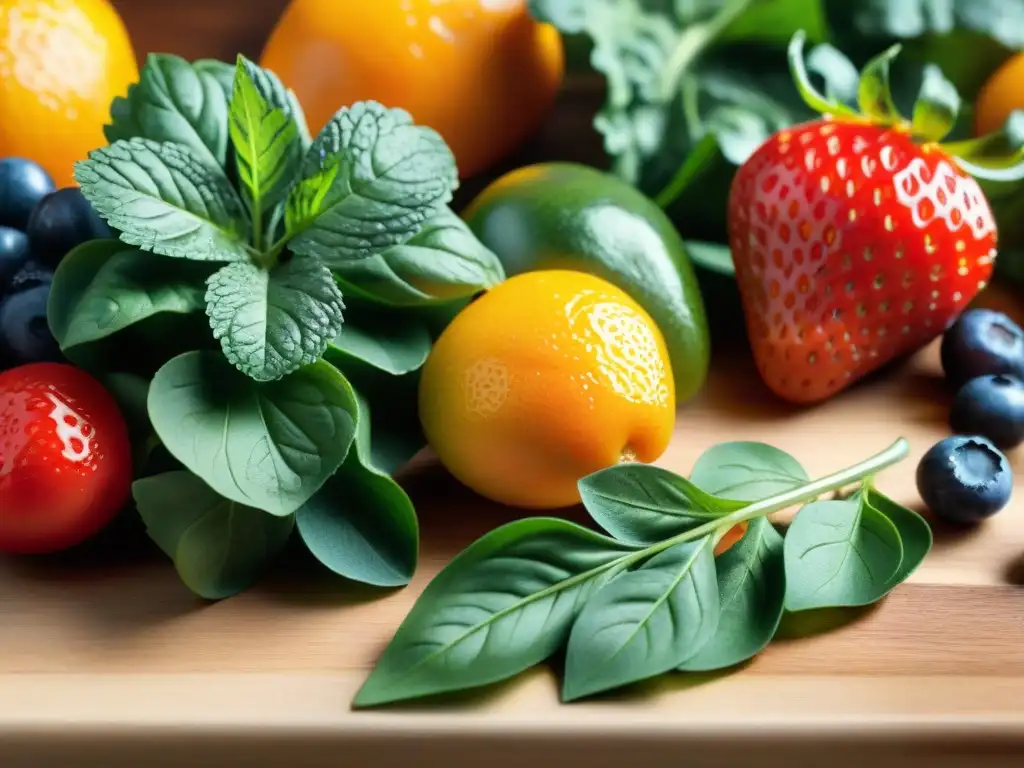 Una exuberante variedad de frutas y verduras frescas en una tabla de madera rústica