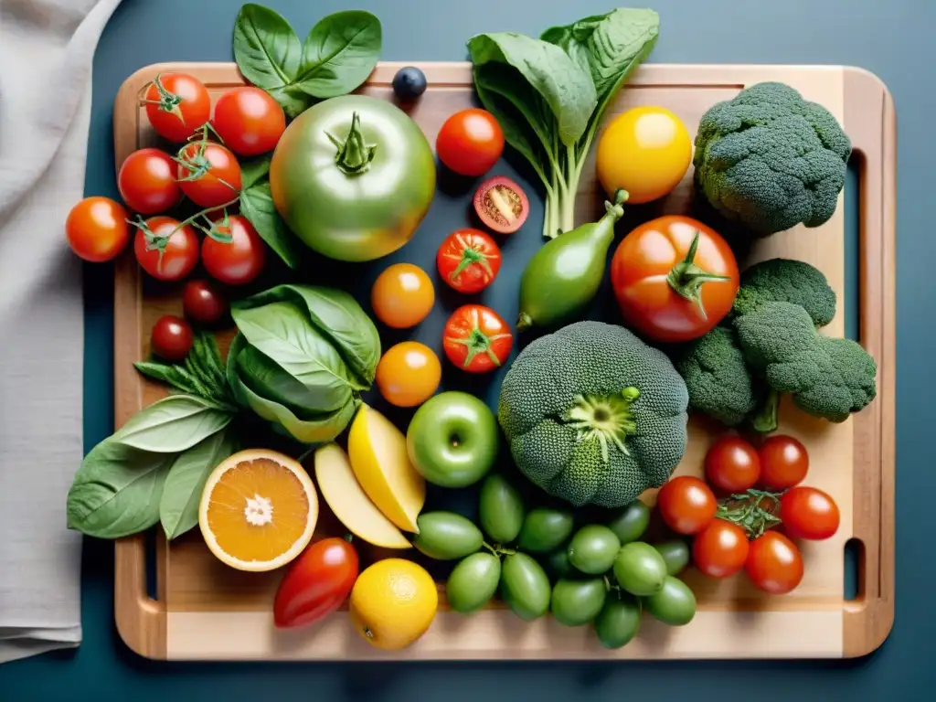 Una exuberante variedad de frutas y verduras frescas en tabla de madera