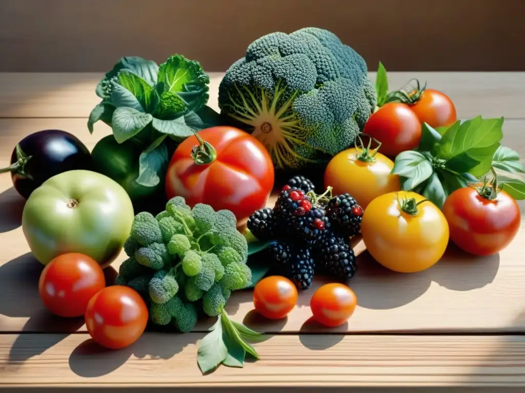 Una exuberante variedad de frutas y verduras frescas en una mesa de madera rústica, evocando salud y frescura