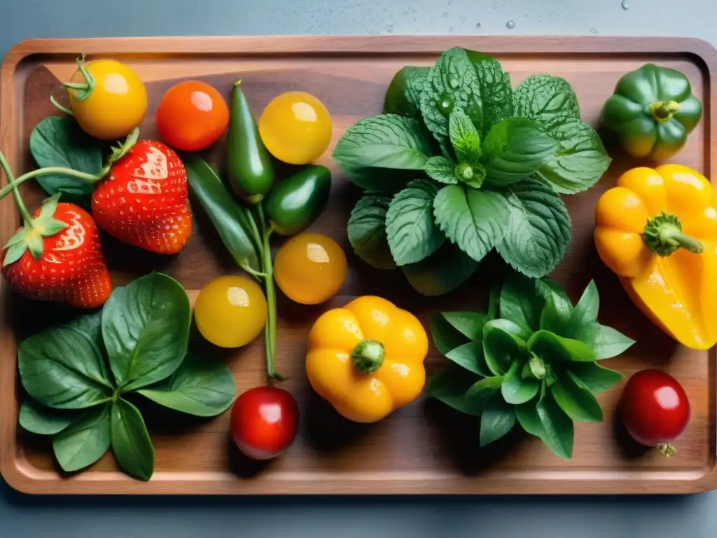 Una exuberante variedad de frutas y verduras frescas en una tabla de cortar de madera, con gotas de agua brillantes