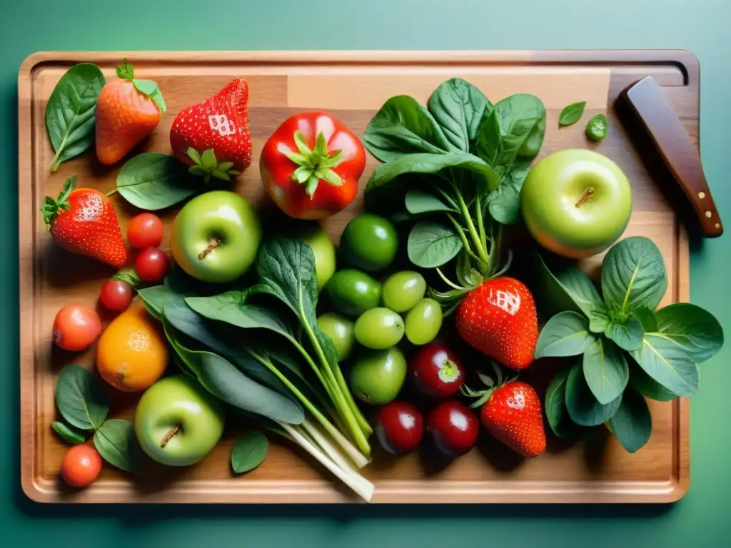 Una exuberante variedad de frutas y verduras frescas en tabla de madera, con gotas de agua brillando