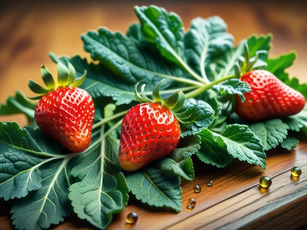 Arreglo vibrante de frutas y verduras frescas en mesa rústica Una exuberante variedad de frutas y verduras frescas en una mesa de madera rústica, bajo una suave luz natural
