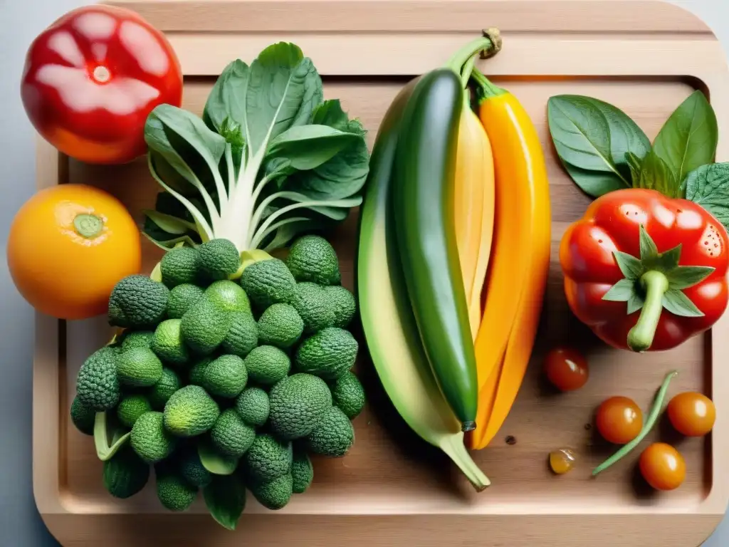 Una exuberante variedad de frutas y verduras frescas sobre tabla de madera iluminada por luz natural