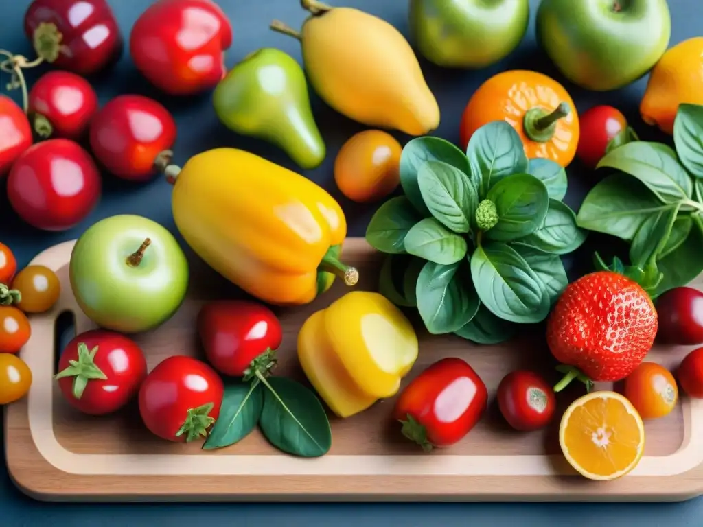 Una exuberante variedad de frutas y verduras coloridas sobre una tabla de cortar de madera, destacando la transición a dieta sin gluten