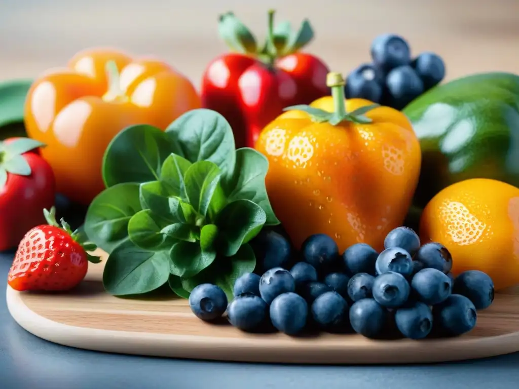 Una exuberante variedad de frutas y verduras, ricas en vitaminas, sobre tabla de madera, evocando frescura y salud