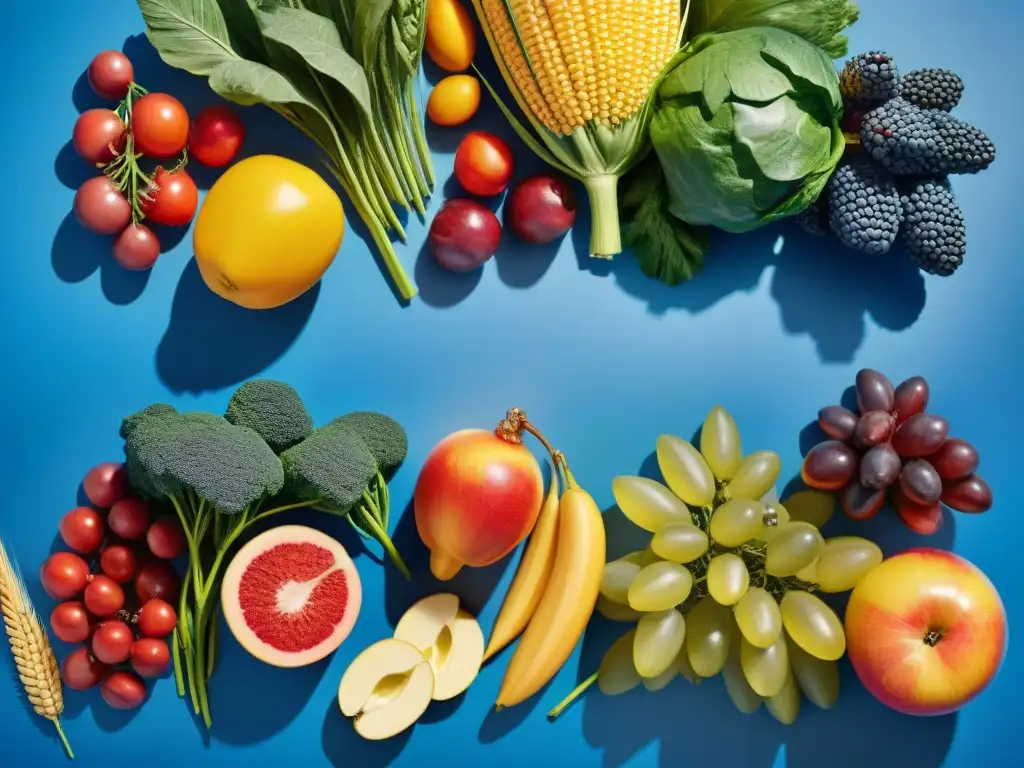 Una exuberante variedad de frutas y verduras coloridas en un campo de trigo dorado bajo un cielo azul