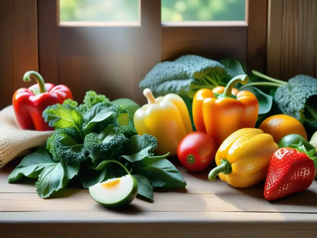 Una exuberante variedad de frutas y verduras frescas en una mesa de madera rústica con luz solar dappled