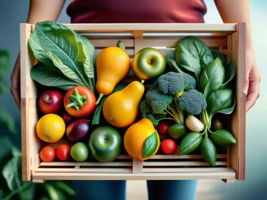 Una exuberante variedad de frutas y verduras frescas en una caja de madera, ideal para una dieta sin gluten rica en vitaminas