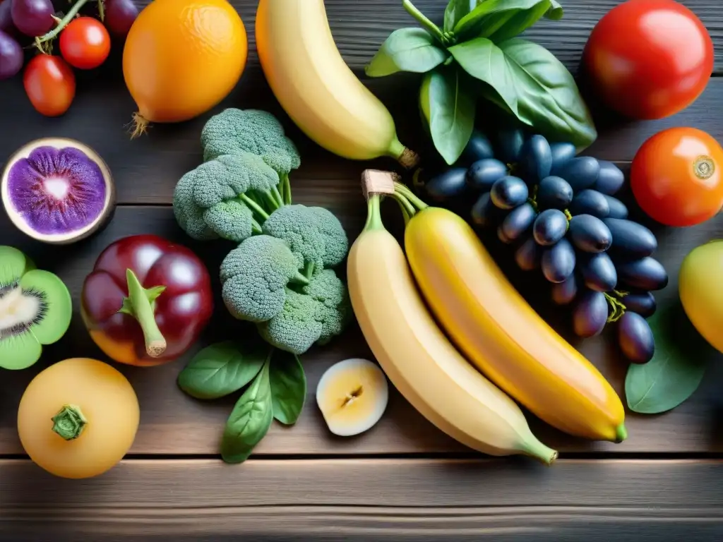 Una exuberante variedad de frutas y verduras frescas en una mesa rústica de madera