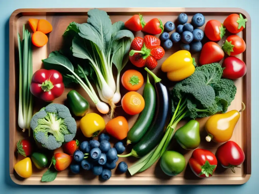 Una exuberante variedad de frutas y verduras frescas sobre tabla de cortar de madera