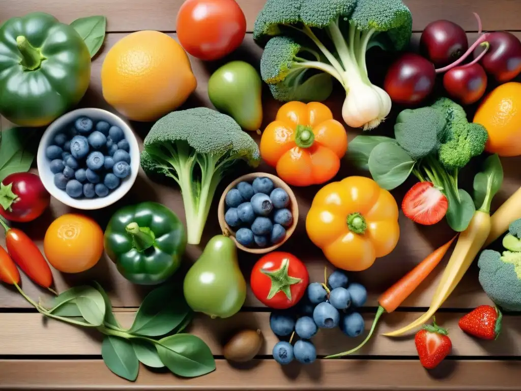 Una exuberante variedad de frutas y verduras en una mesa de madera, transmitiendo salud y abundancia