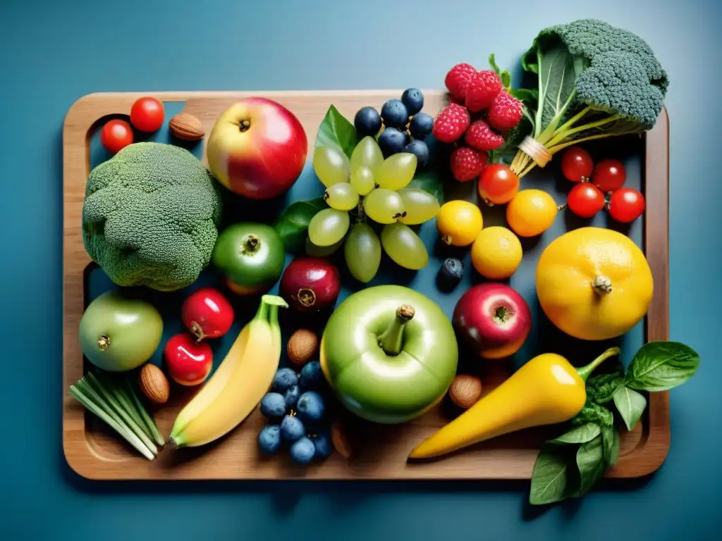 Una exuberante variedad de frutas y verduras frescas y coloridas en una tabla de cortar de madera