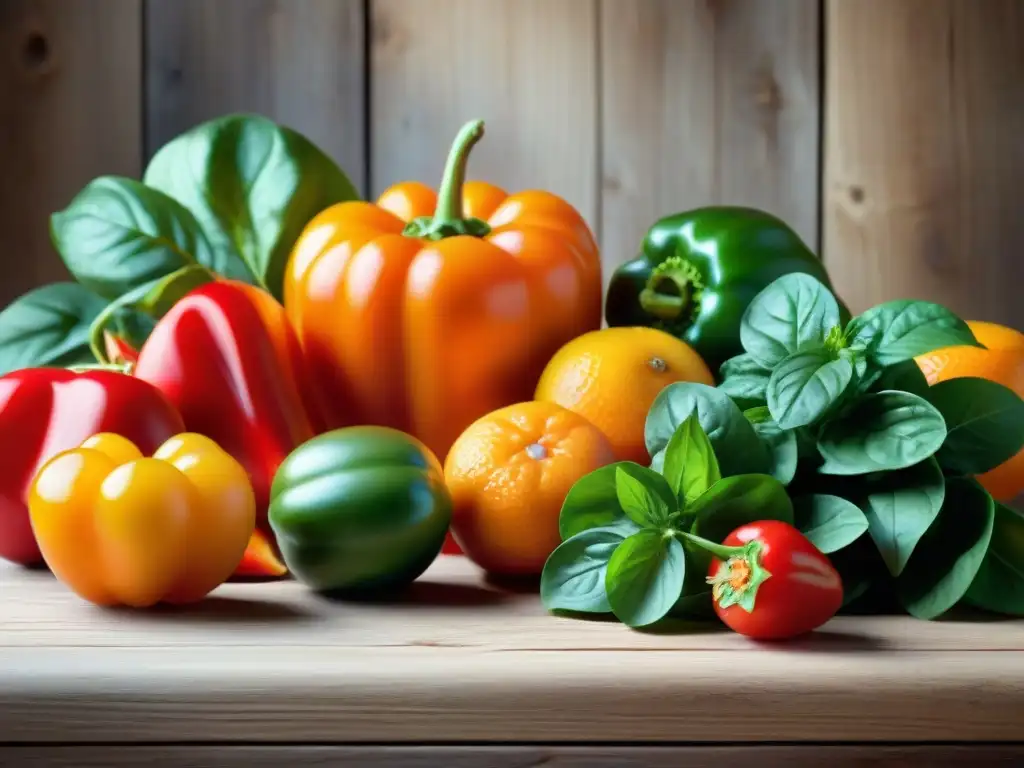 Una exuberante variedad de frutas y verduras brillantes en una mesa de madera rústica