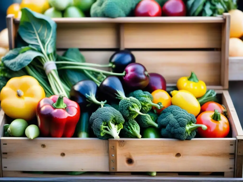 Una exuberante variedad de frutas y verduras coloridas en una caja de madera rústica, con gotas de agua brillando