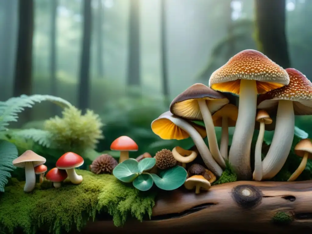 Un jardín exuberante con variedad de setas coloridas y silvestres, como chanterelles, boletus y más, entre hongos ostra y troncos de shiitake