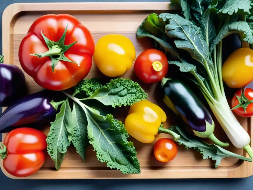 Una exuberante variedad de vegetales frescos y orgánicos en una tabla de cortar de madera, mostrando la belleza de ingredientes veganos y sin gluten