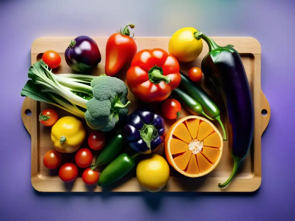 Una exuberante variedad de verduras y frutas coloridas, dispuestas en una tabla de cortar de madera